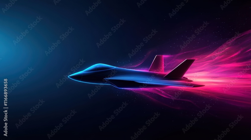 Poster futuristic jet in motion with dynamic light trails emphasizing speed and technology on dark backgrou