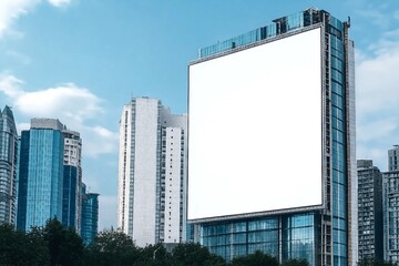 Obraz premium Mock up white vertical large LED display billboard on tower building with blue sky background .clipping path for mockup