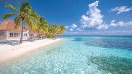 Naklejka premium A white sandy beach with palm trees and a thatched roofed house