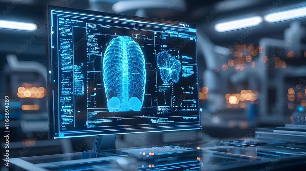 Poster innovative ai driven x ray imaging system displaying vivid 3d reconstructions in a sleek and modern 