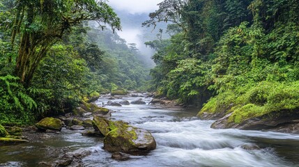 Obraz premium Lush Rainforest River Flows Through Steep Green Valley