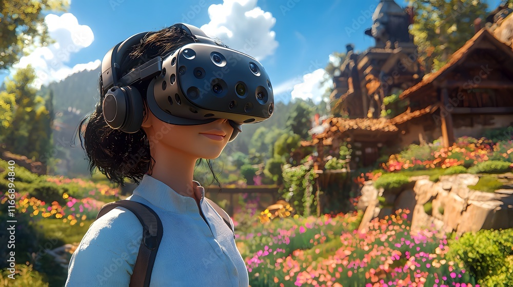 Poster innovative virtual reality language learning platform featuring gamified vocabulary exercises and vi