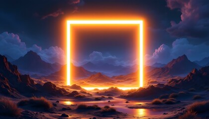 3d rendering. Abstract fantastic neon background. Terrain landscape with glowing square frame, stormy clouds, and mountains at night. Neon geometric shape and stormy cloud on the night sky.