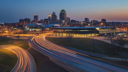 City Skyline Dusk Traffic Light Trails Scenic View