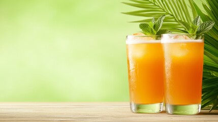 Two glasses of orange juice with mint leaves on a wooden table
