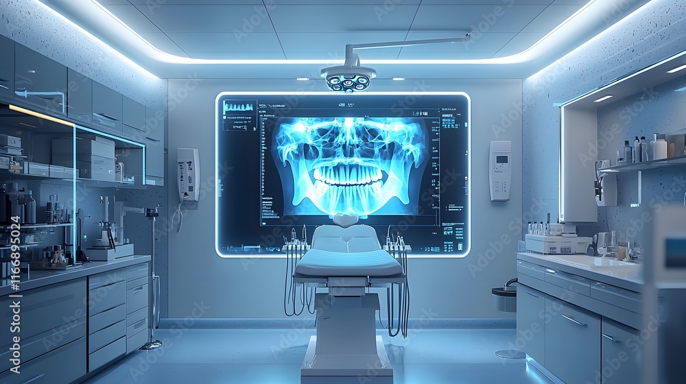 Poster innovative x ray imaging system displaying captivating glowing 3d reconstructions in a sleek and mod