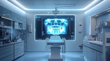 Naklejka premium Innovative X Ray Imaging System Displaying Captivating Glowing 3D Reconstructions in a Sleek and Modern Clinical Environment Showcasing the Latest Advancements in Medical Diagnostic Technology