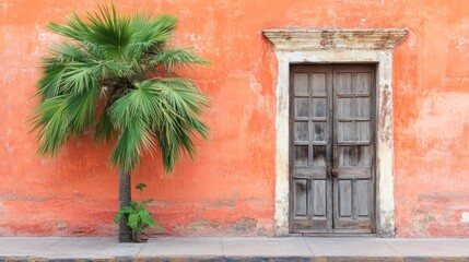 Palm Tree Beside Old Wooden Door Coral Wall
