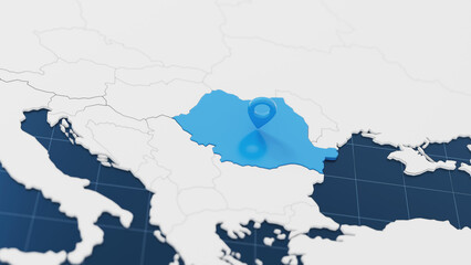 Blue Romania 3d map with pointer pin surrounded with other countries in white. Europe political map with borders. 3d render illustration