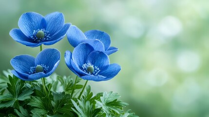 A bunch of blue flowers with green leaves in the background