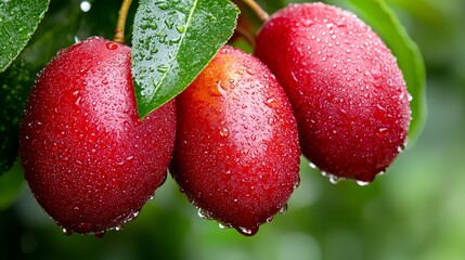 A bunch of ripe cherries hanging from a tree with water droplets
