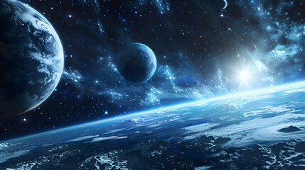 Distant planet system in space with exoplanets 3D rendering