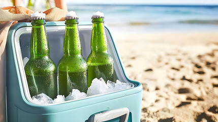 Chilled green bottles on a sunny beach