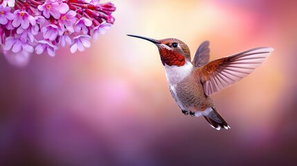 Naklejka premium A hummingbird flying through the air next to a flower