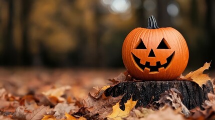 A jack-o-lantern sitting on top of a tree stump surrounded by leaves