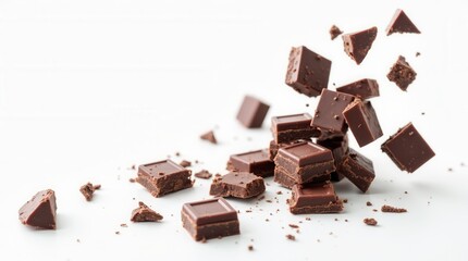 Pieces Of Dark Chocolate Falling Close Up On A White Background