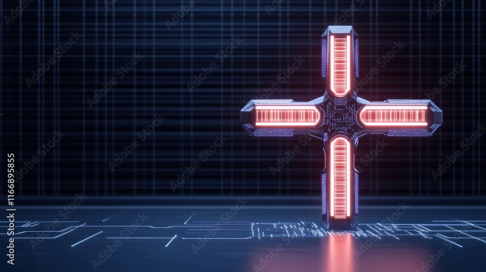 Poster futuristic cross-shaped device with glowing elements in a dark setting.