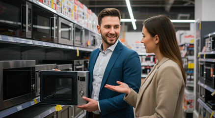 Couple, microwave and shopping for appliance in store for kitchen or household. People, consumer and sale with choice for electrical equipment or product at retail