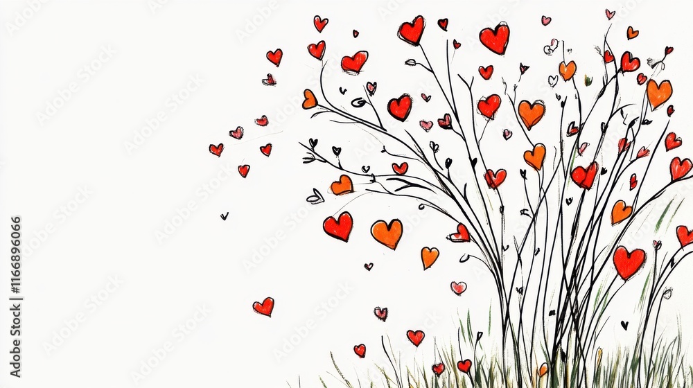 Poster colorful heart tree with red and orange hearts floating against a light background in artistic style