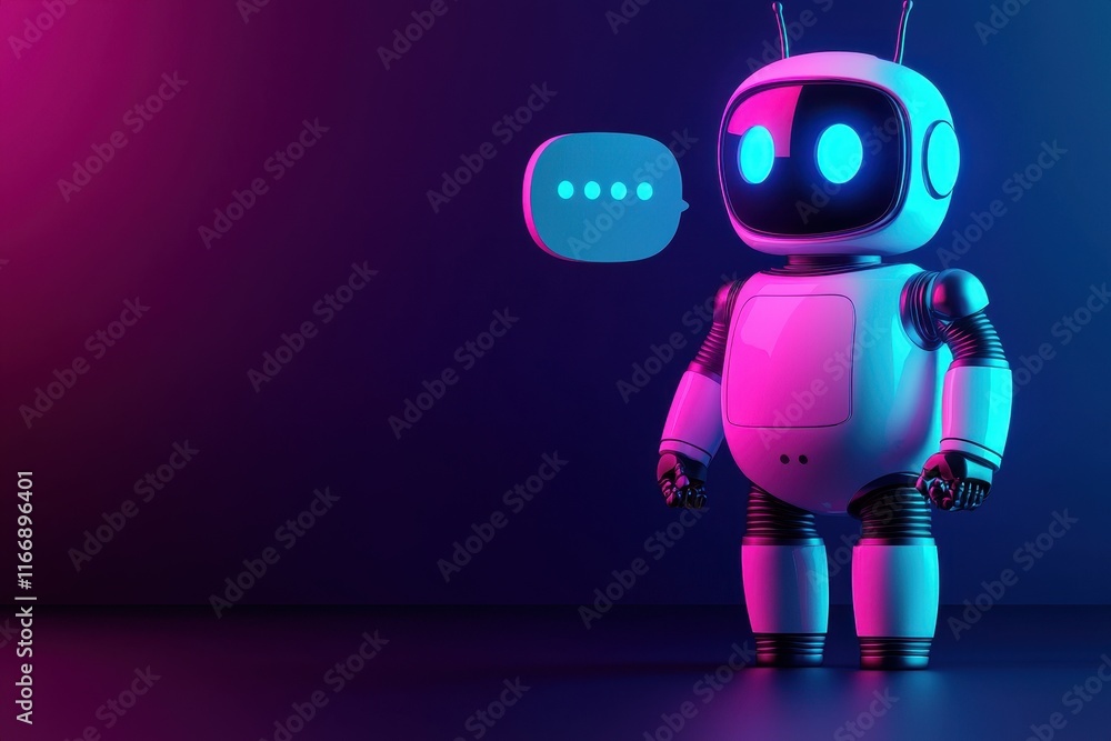 Poster futuristic robot with speech bubble in neon light ai chatbot concept digital communication