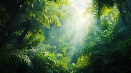 Lush Tropical Rainforest Sunlight Through Canopy