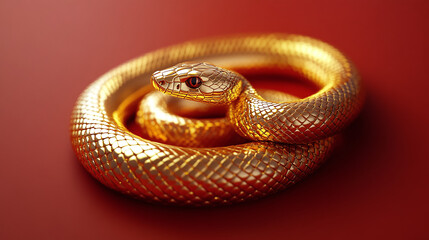 Fototapeta premium A golden snake on an isolated red background.