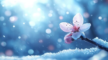 Fototapeta premium A pink flower on a branch covered in snow