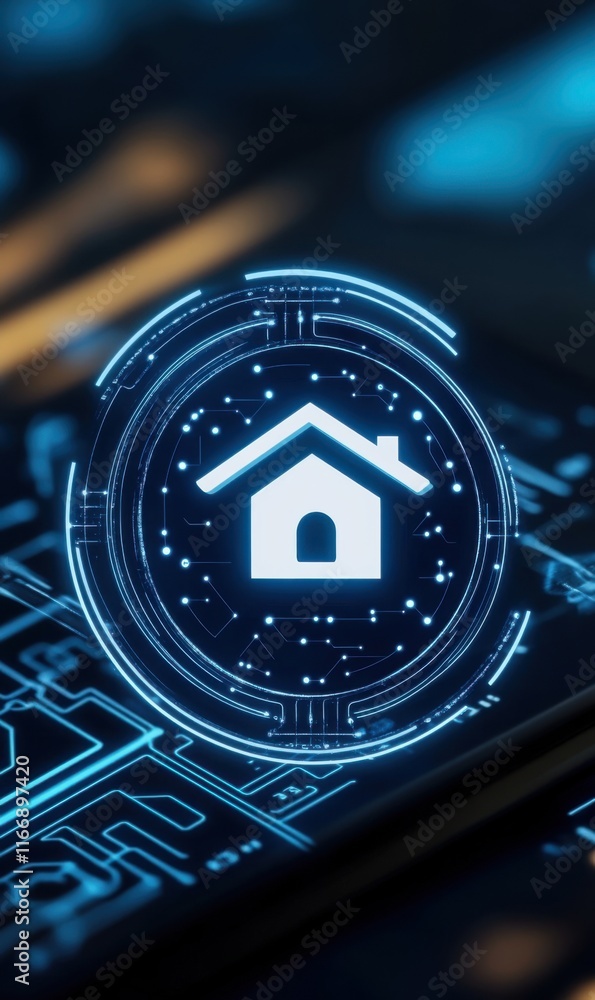 Poster futuristic virtual home icon with glowing circuits and digital elements on a dark technology backgro