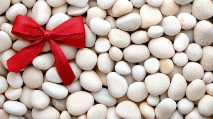 A red bow on top of a pile of white pebbles