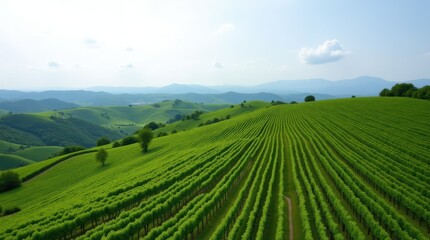 Fototapeta premium Breathtaking Vineyard Landscape With Rolling Hills and Lush Greenery Under Clear Blue Sky