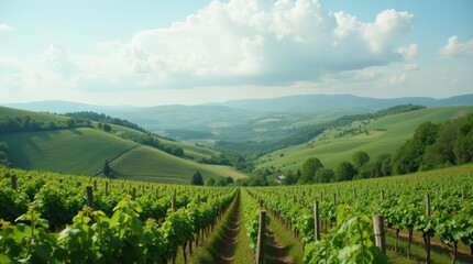 Naklejka premium Stunning Panoramic View of Lush Green Vineyards Nestled in Rolling Hills under a Bright Blue Sky