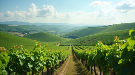 Naklejka premium Expansive Vineyard Landscape with Lush Green Hills and Rolling Farmland Under a Bright Blue Sky