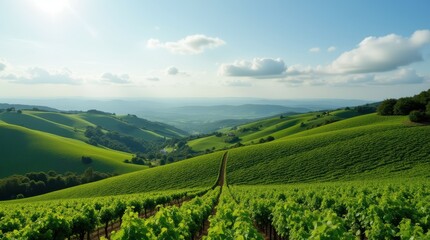 Breathtaking Panoramic View of Lush Green Vineyards Under a Clear Blue Sky in the Countryside