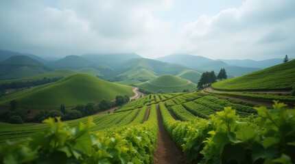 Fototapeta premium Breathtaking Scenic View of Lush Green Vineyard Hills Under Cloudy Sky in Nature's Embrace