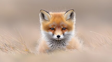 Obraz premium A small red fox sitting in a field of tall grass