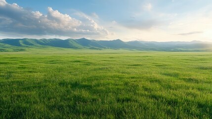 Fototapeta premium A field of green grass with mountains in the background