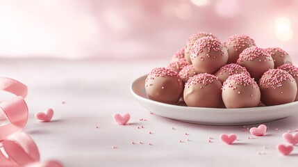 Obraz premium A plate of chocolate truffles with pink sprinkles on a table