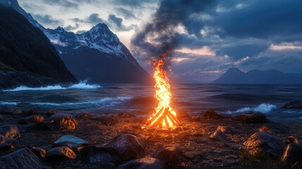 Fototapeta premium Majestic Wilderness Scene with Campfire by Serene Mountain Landscape