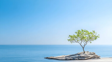 Solitary tree on coastal rock, serene ocean backdrop, peaceful nature scene; ideal for tranquility, environment, and hope concepts.