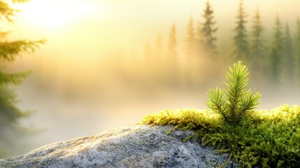 A small pine tree growing out of a moss covered rock in the middle of a forest