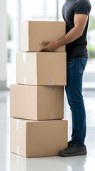 Man carrying stacked cardboard boxes indoors;  bright background; relocation, delivery, or storage concept; useful for logistics or moving websites.