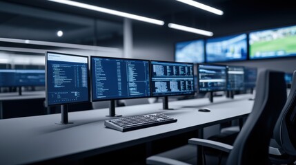 Fototapeta premium Modern Control Room with Multiple Monitors Displaying Data in a High-Tech Environment