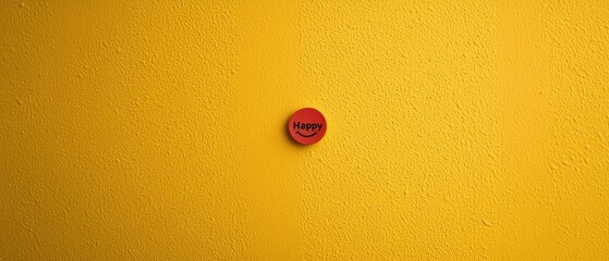Red Circle with Smiley Face and Happy Word on Yellow Textured Background