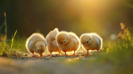 Obraz premium Four fluffy chicks foraging on a sunlit path surrounded by grass.