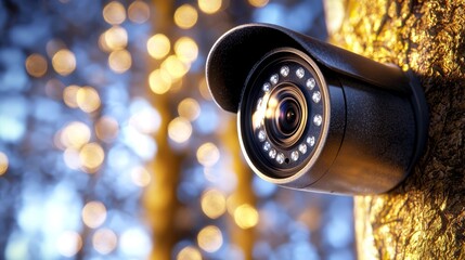 A security camera mounted on a tree in the woods