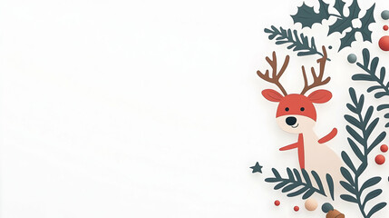 Festive reindeer paper craft, winter holiday greeting card design, white background, seasonal decor.