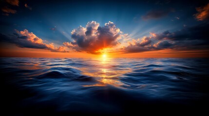 Obraz premium A sunset over the ocean with clouds reflecting in the water