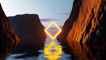 Seascape with cliffs, water, and a yellow neon square geometric shape. Modern minimal abstract background. Spiritual zen wallpaper with sunset. 3d rendering