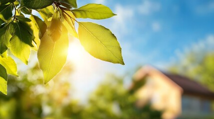 Obraz premium A branch of a tree with green leaves in front of a house