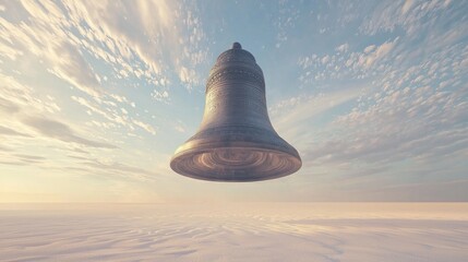 Tranquil Serenity: Vibrant Bell of Peace Harmonizing the Universe in Majestic Buddhist Heaven 3D Render Digital Artwork